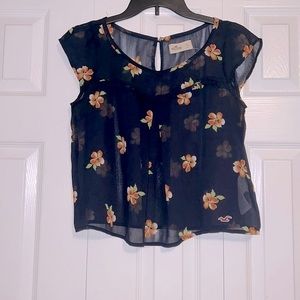 Hollister Navy blue Cropped Sheer Floral Top Small